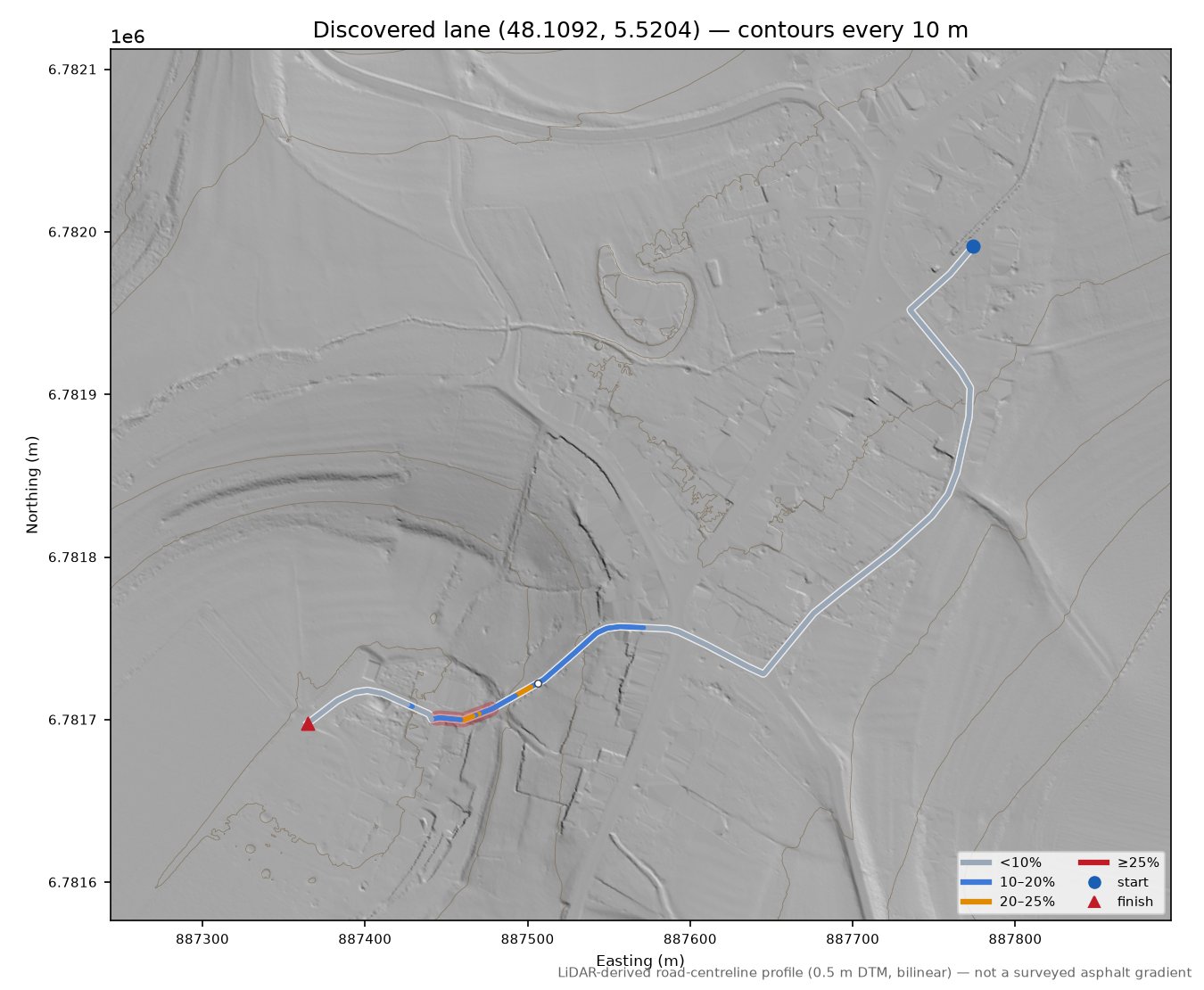 Discovered lane (48.1092, 5.5204) LiDAR hillshade map with contours
