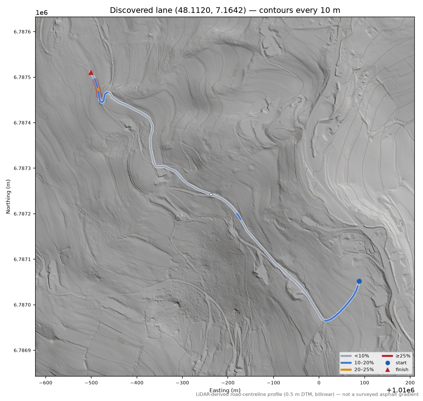 Discovered lane (48.1120, 7.1642) LiDAR hillshade map with contours