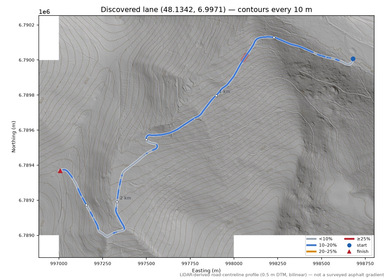 Discovered lane (48.1342, 6.9971) LiDAR hillshade map with contours