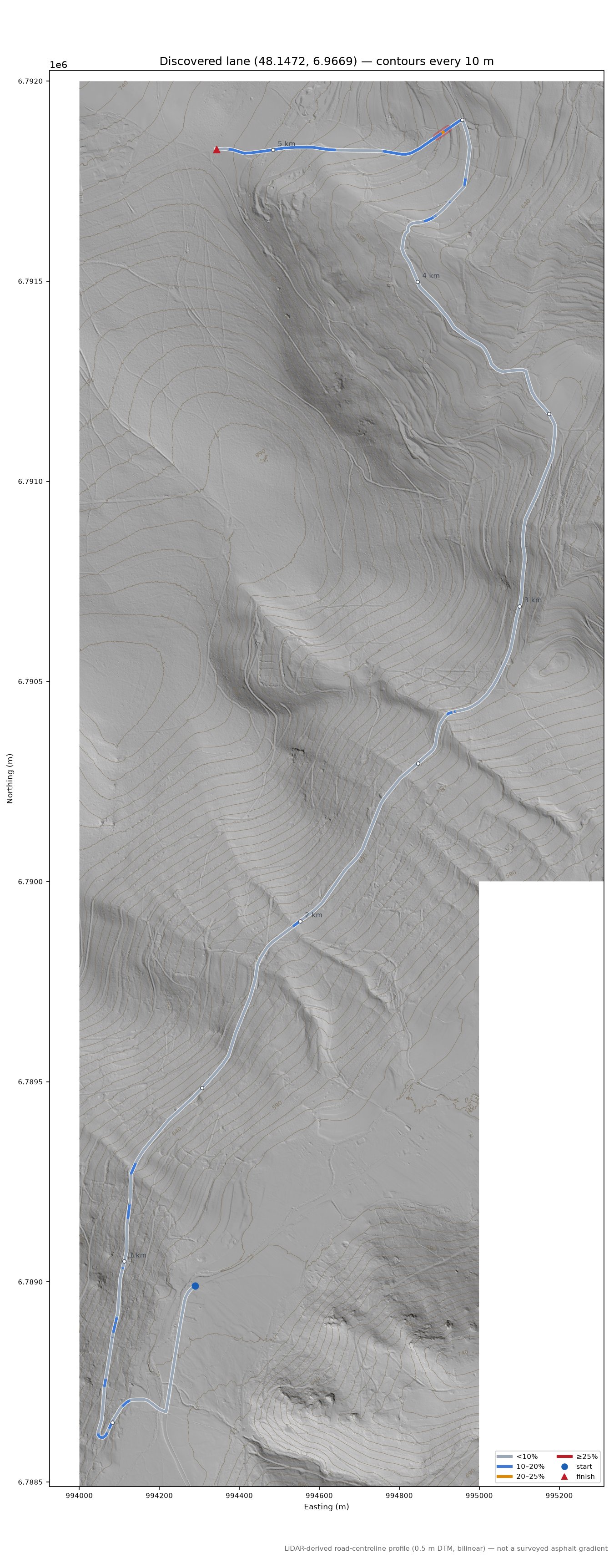 Discovered lane (48.1472, 6.9669) LiDAR hillshade map with contours