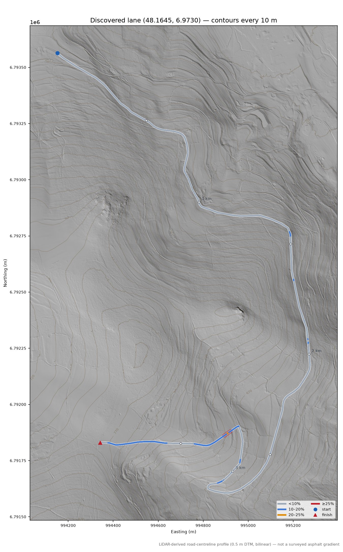 Discovered lane (48.1645, 6.9730) LiDAR hillshade map with contours