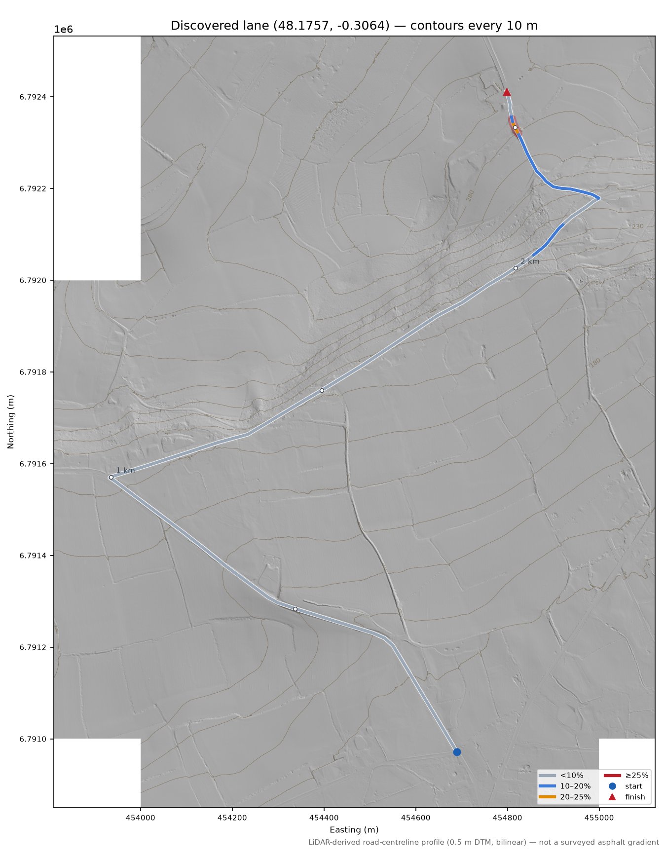 Discovered lane (48.1757, -0.3064) LiDAR hillshade map with contours