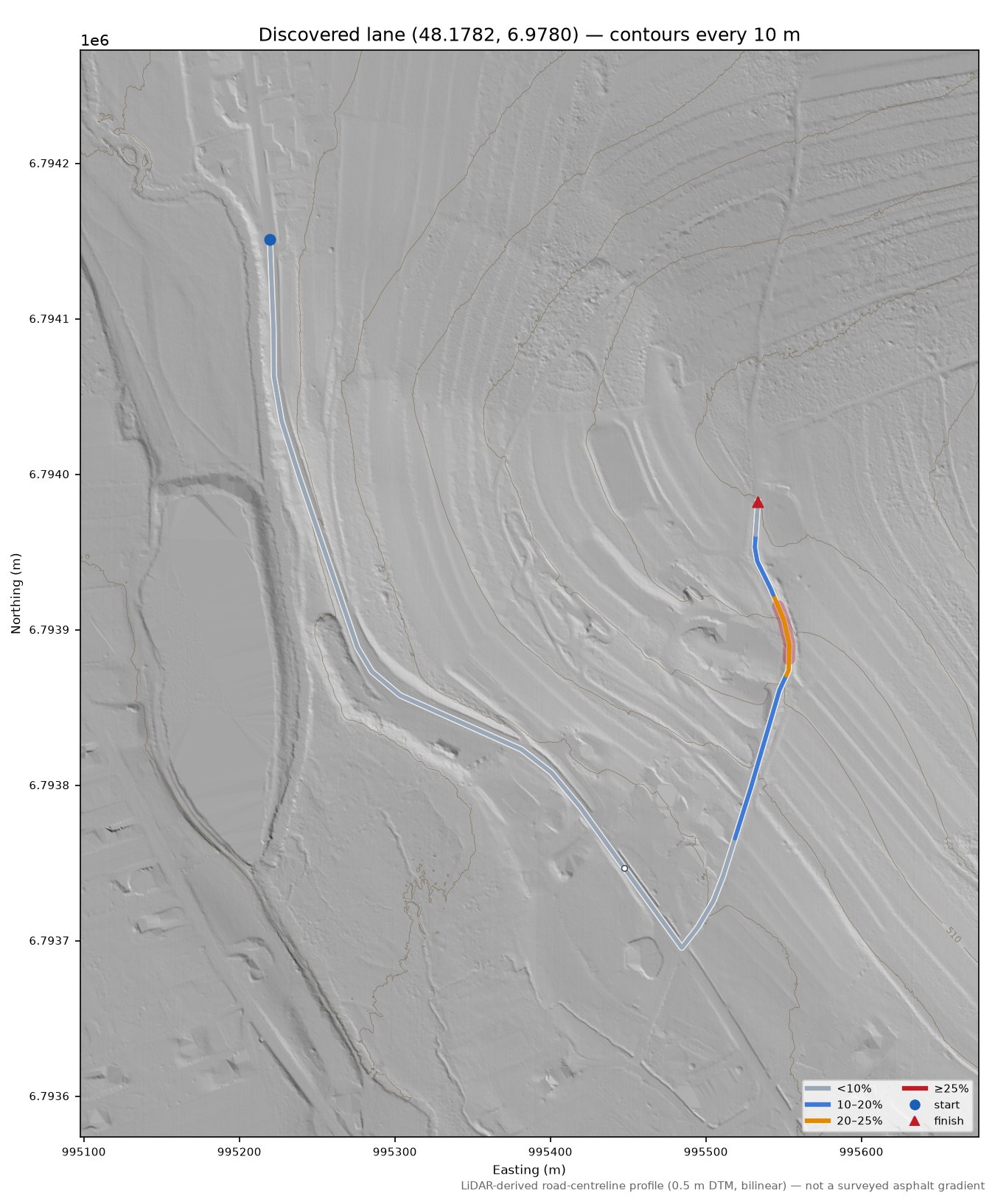 Discovered lane (48.1782, 6.9780) LiDAR hillshade map with contours