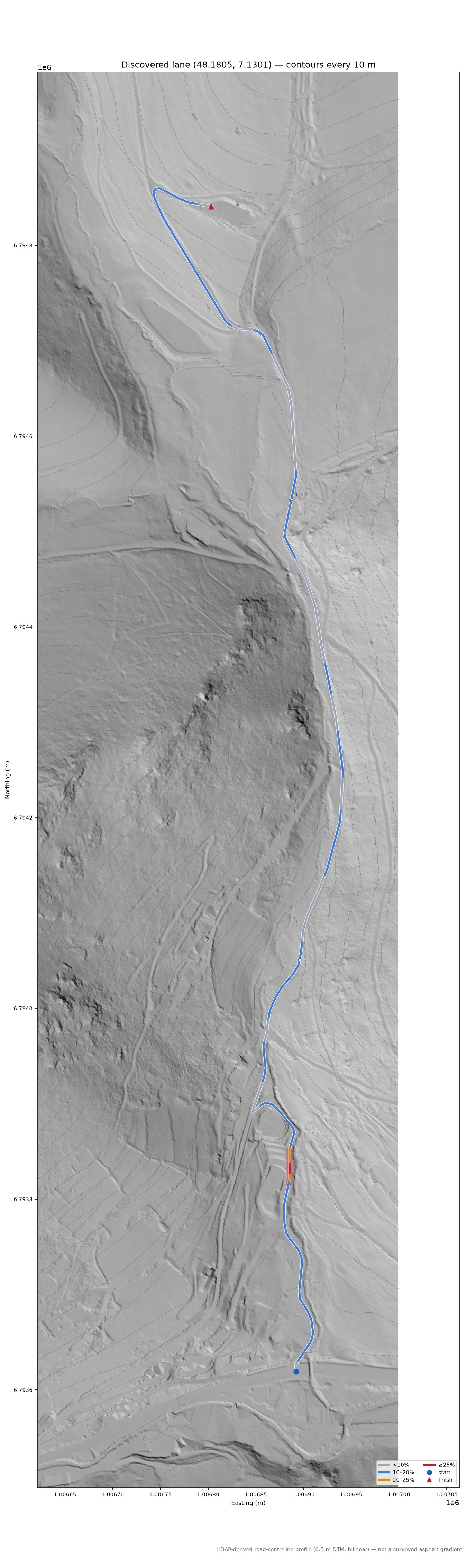 Discovered lane (48.1805, 7.1301) LiDAR hillshade map with contours