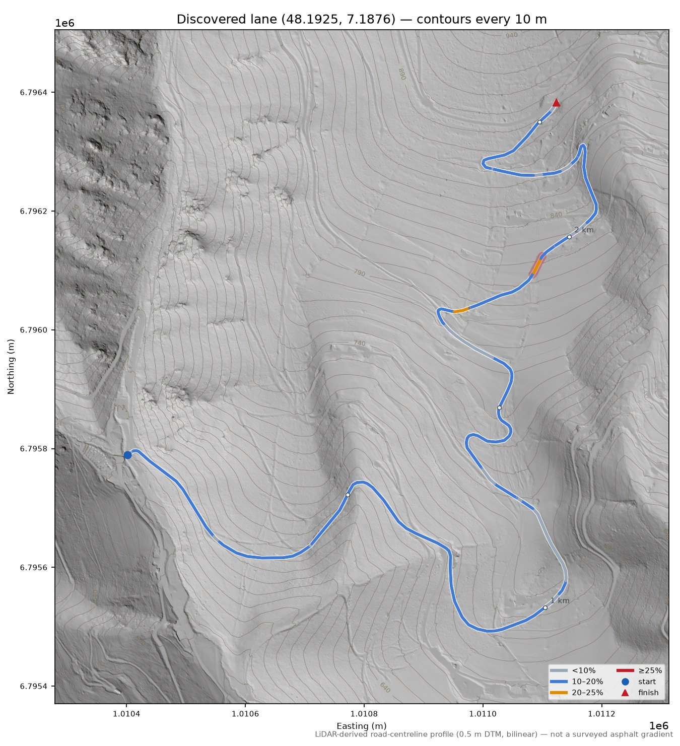 Discovered lane (48.1925, 7.1876) LiDAR hillshade map with contours