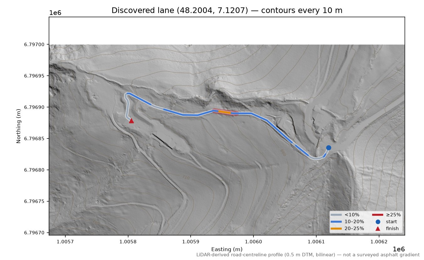 Discovered lane (48.2004, 7.1207) LiDAR hillshade map with contours