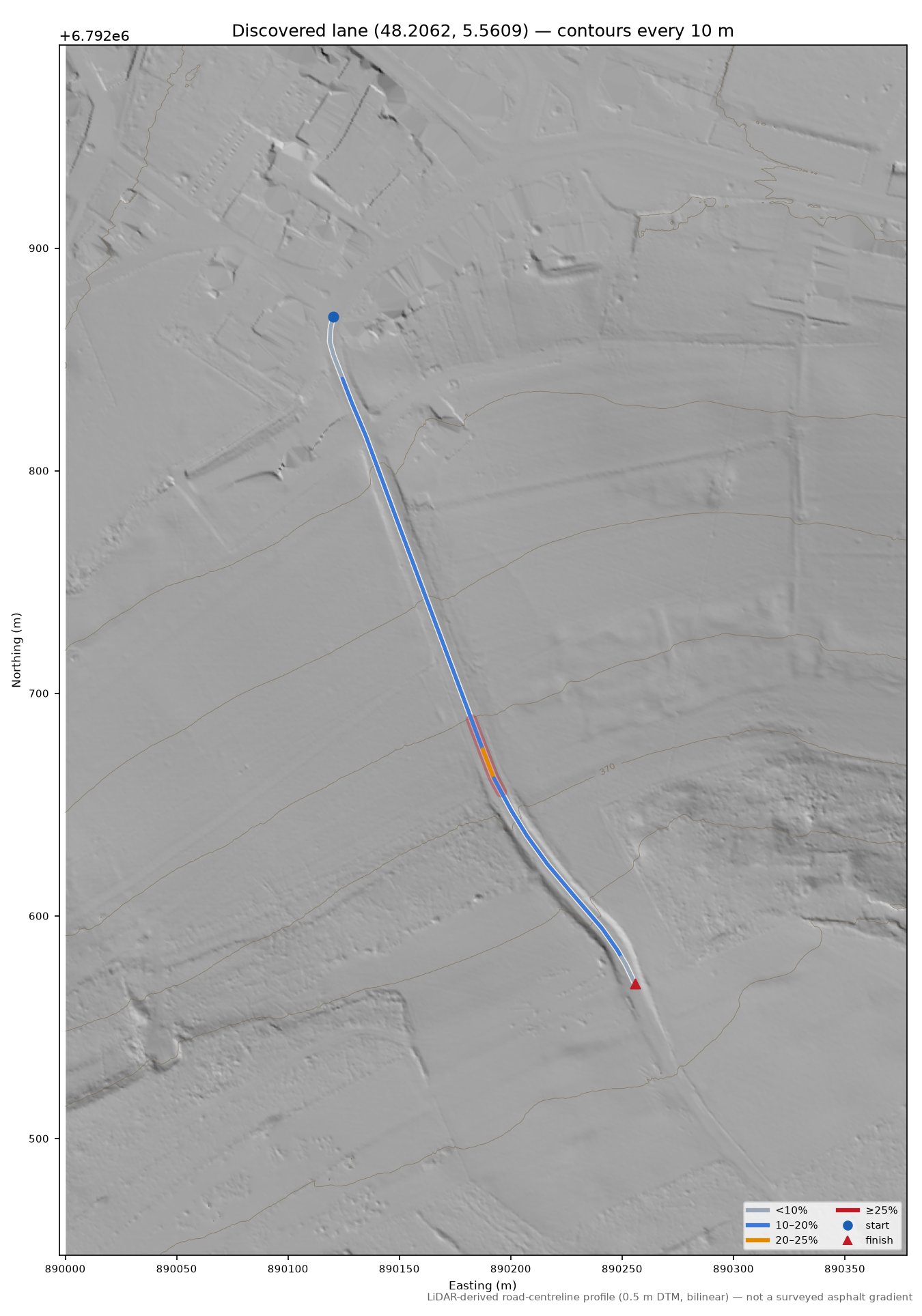 Discovered lane (48.2062, 5.5609) LiDAR hillshade map with contours