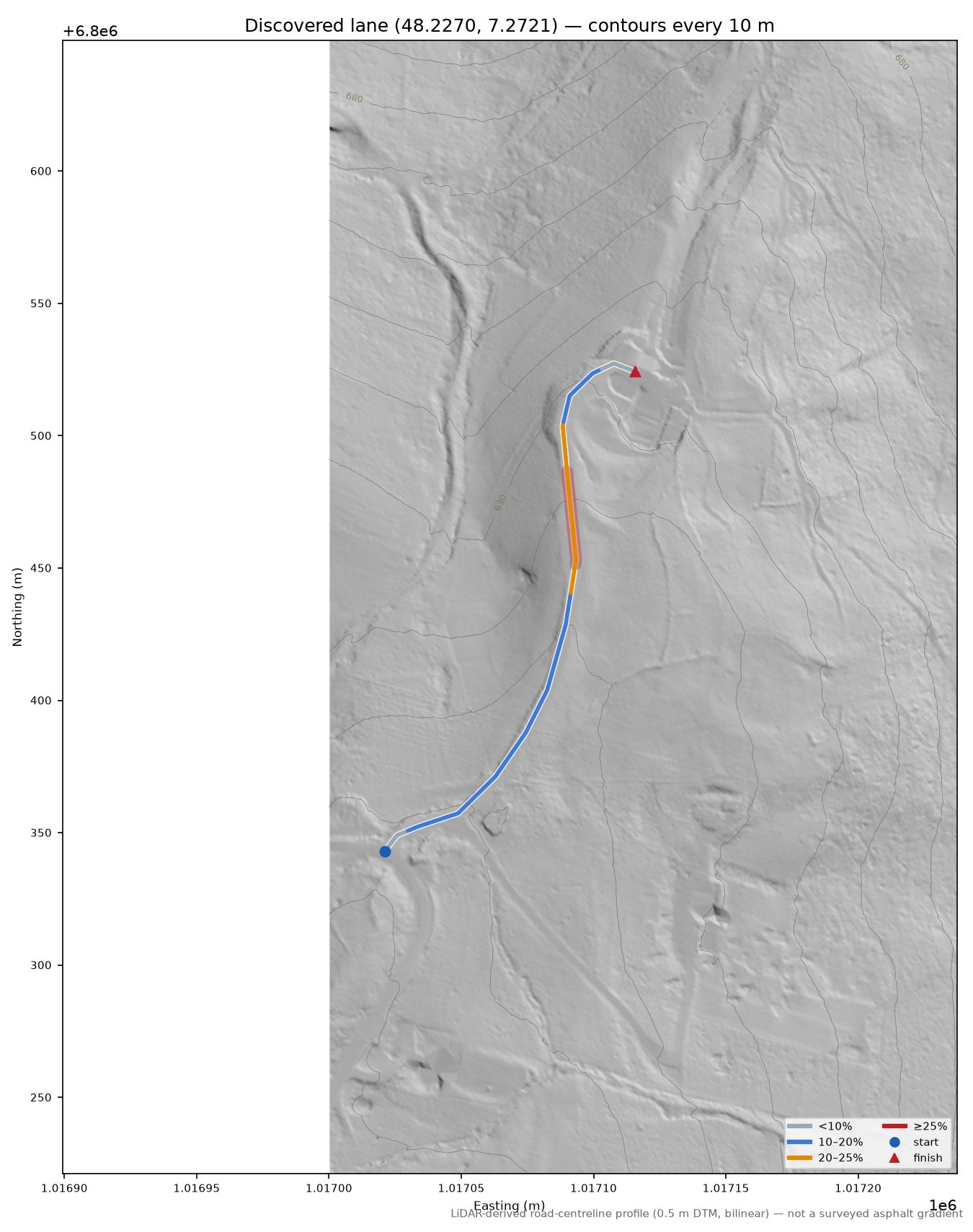 Discovered lane (48.2270, 7.2721) LiDAR hillshade map with contours