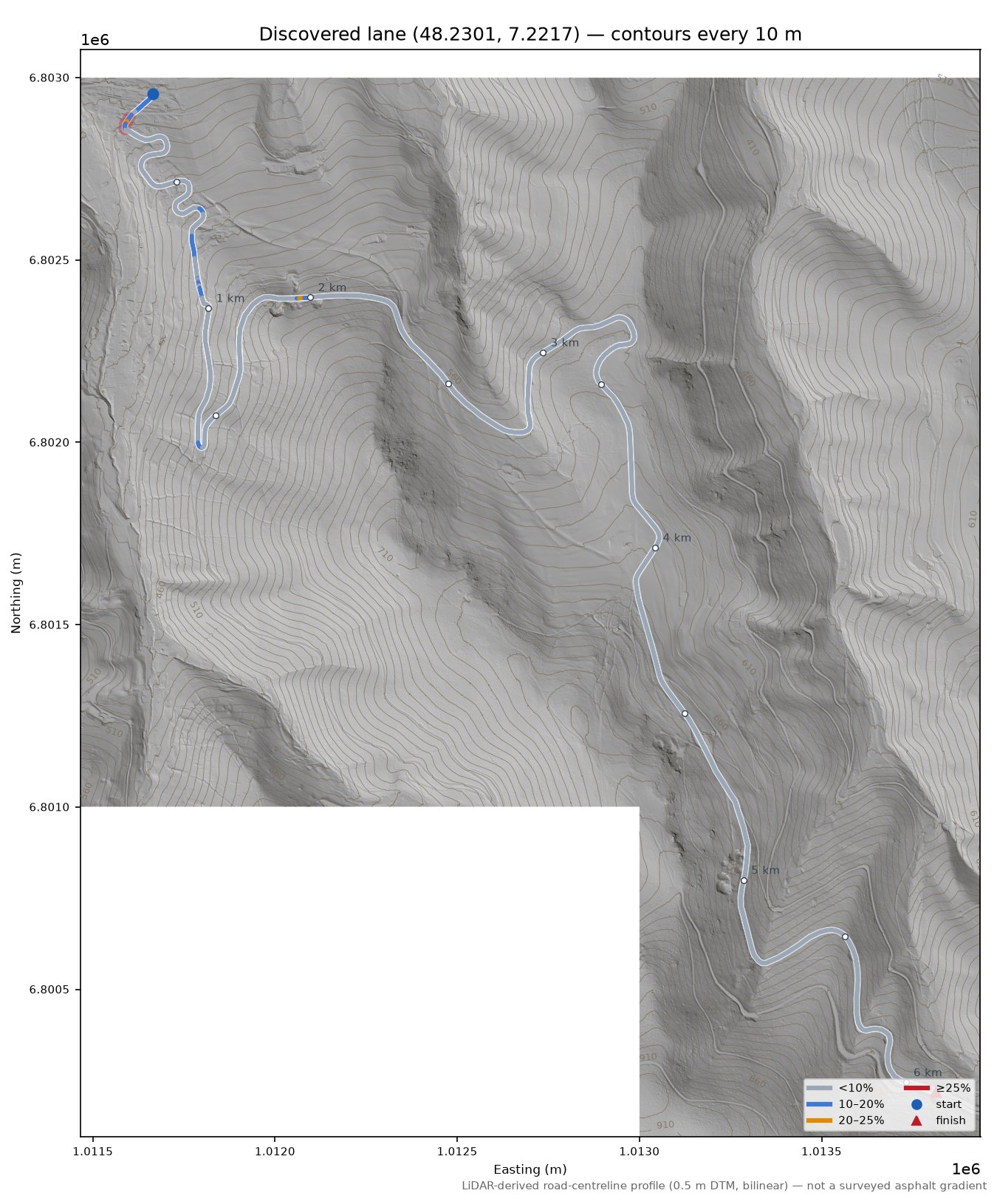 Discovered lane (48.2301, 7.2217) LiDAR hillshade map with contours
