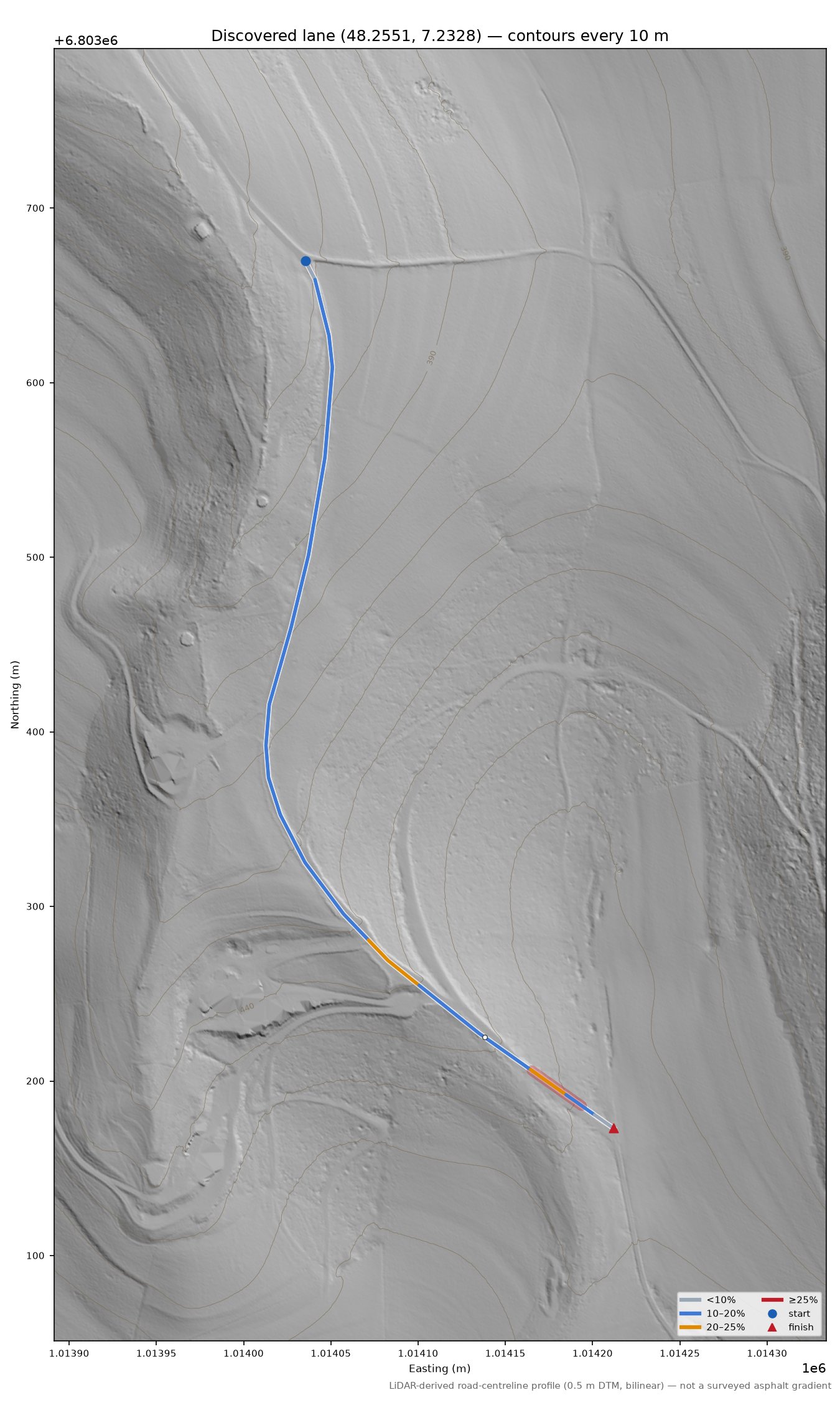 Discovered lane (48.2551, 7.2328) LiDAR hillshade map with contours