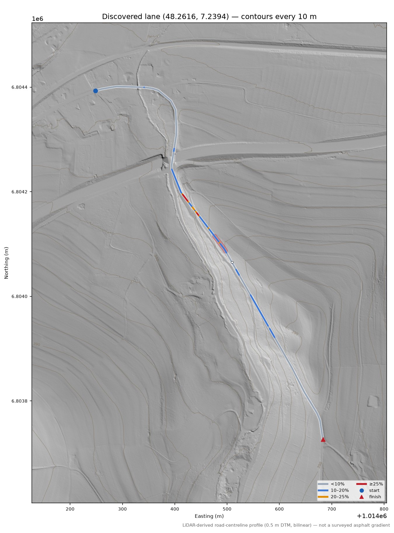 Discovered lane (48.2616, 7.2394) LiDAR hillshade map with contours