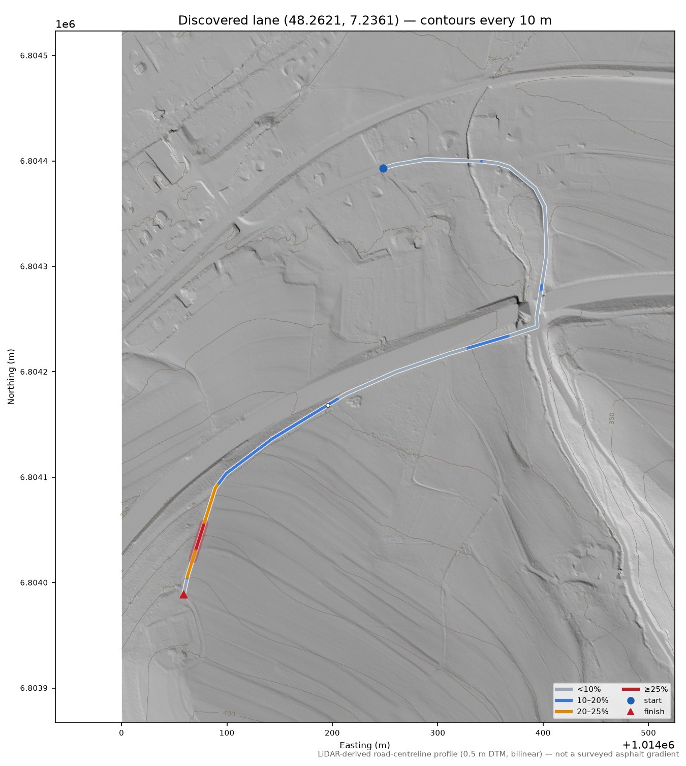 Discovered lane (48.2621, 7.2361) LiDAR hillshade map with contours