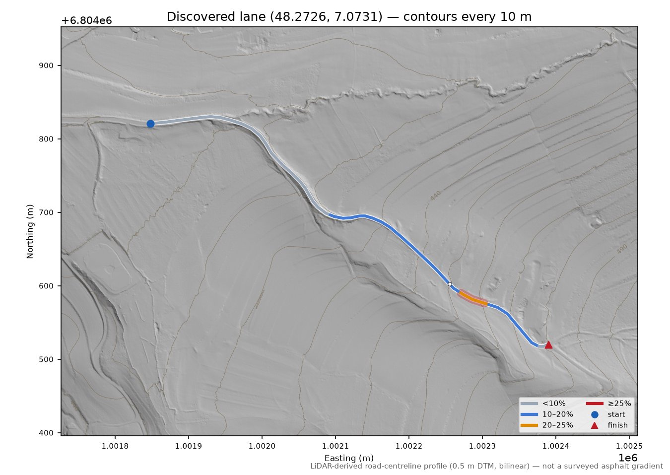 Discovered lane (48.2726, 7.0731) LiDAR hillshade map with contours