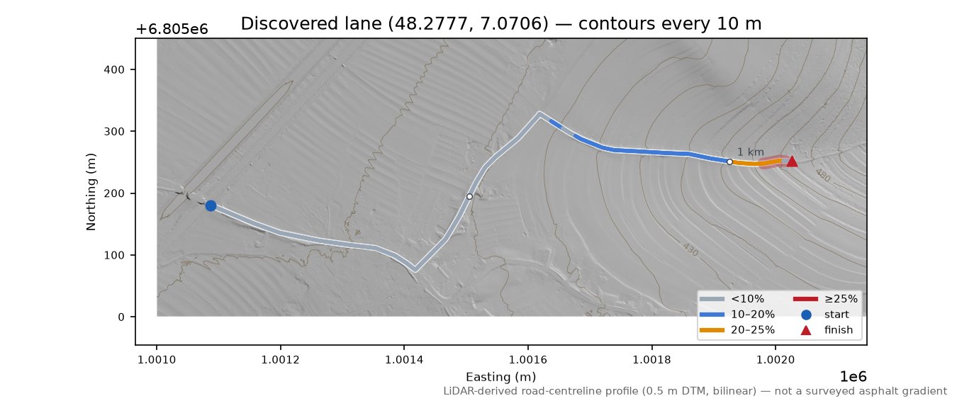 Discovered lane (48.2777, 7.0706) LiDAR hillshade map with contours