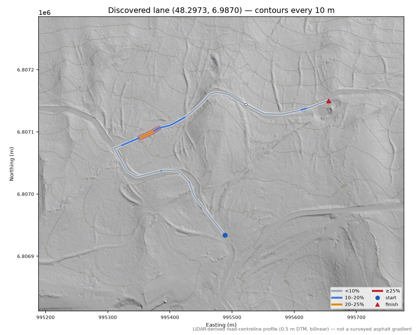 Discovered lane (48.2973, 6.9870) LiDAR hillshade map with contours