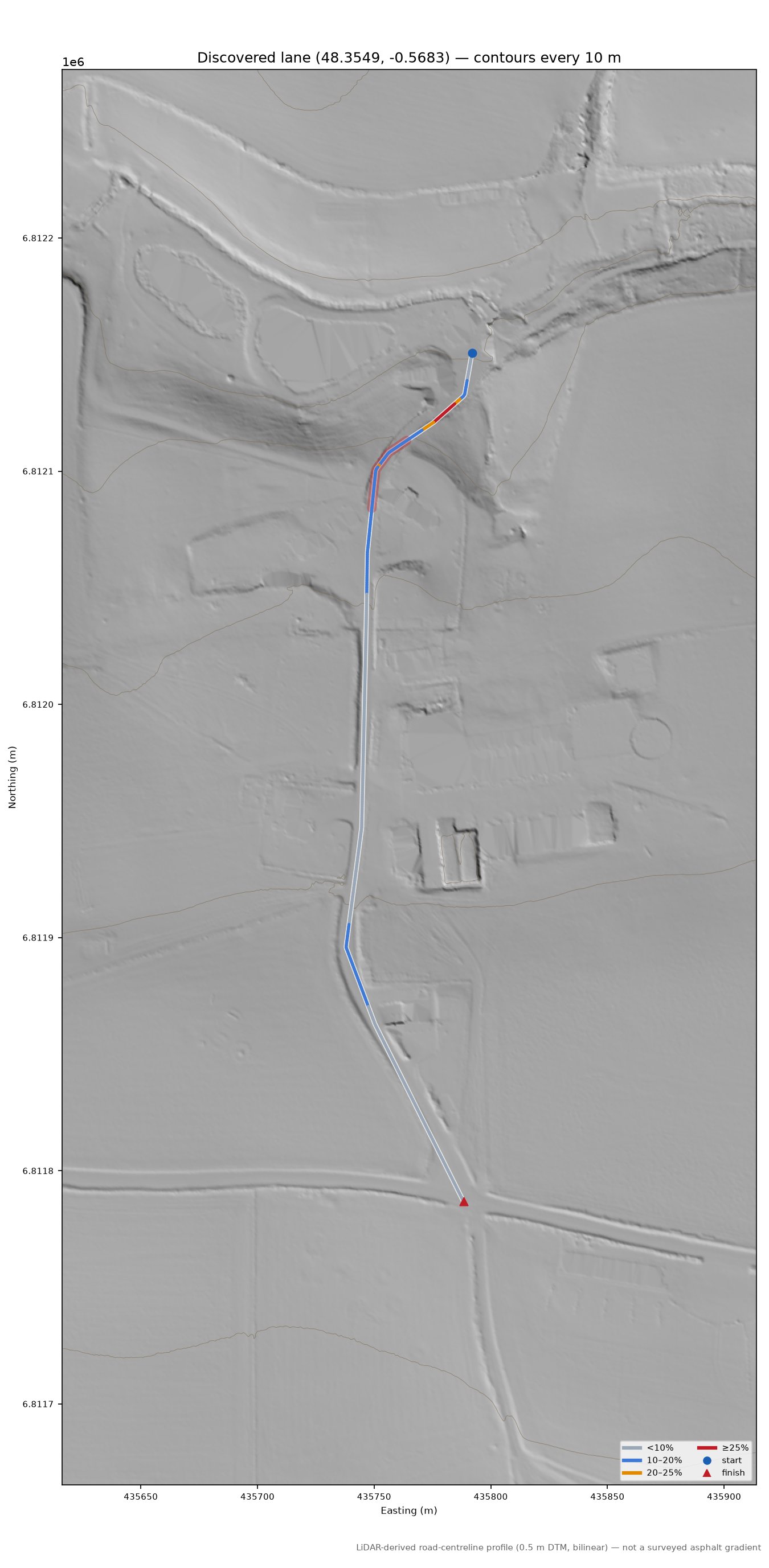 Discovered lane (48.3549, -0.5683) LiDAR hillshade map with contours