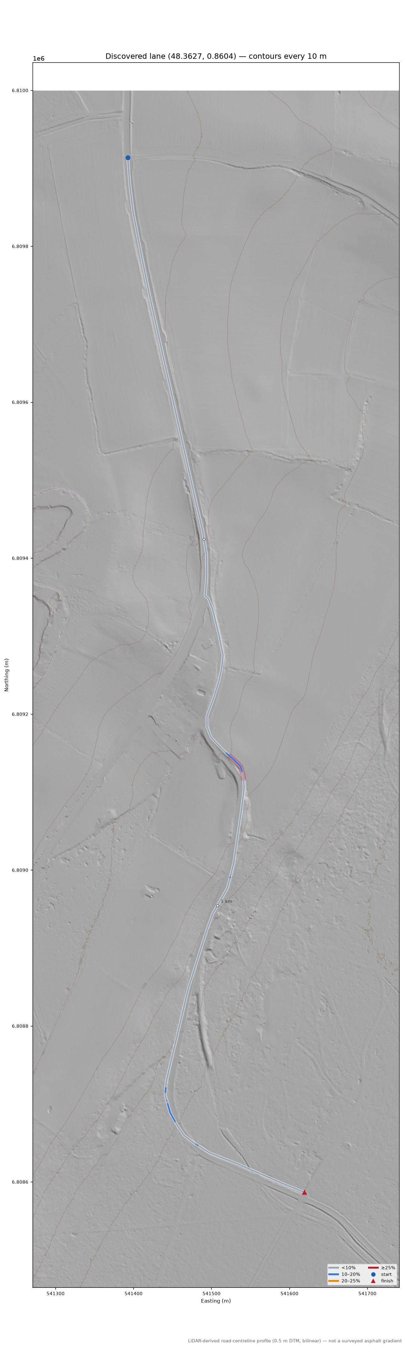 Discovered lane (48.3627, 0.8604) LiDAR hillshade map with contours