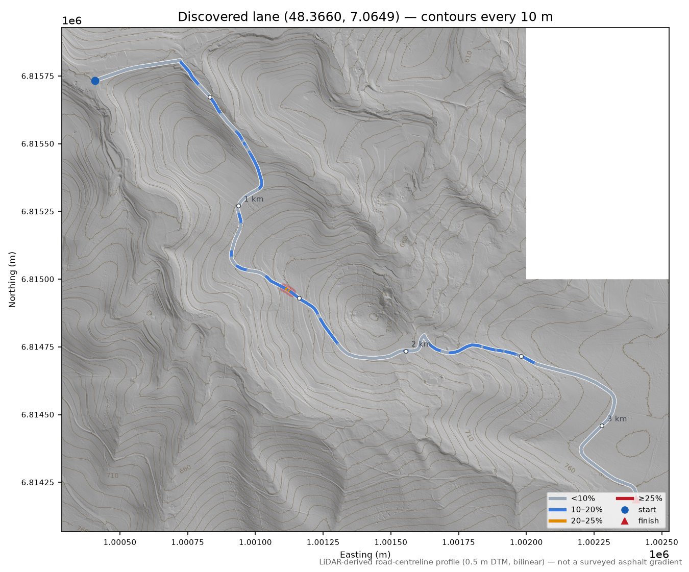 Discovered lane (48.3660, 7.0649) LiDAR hillshade map with contours