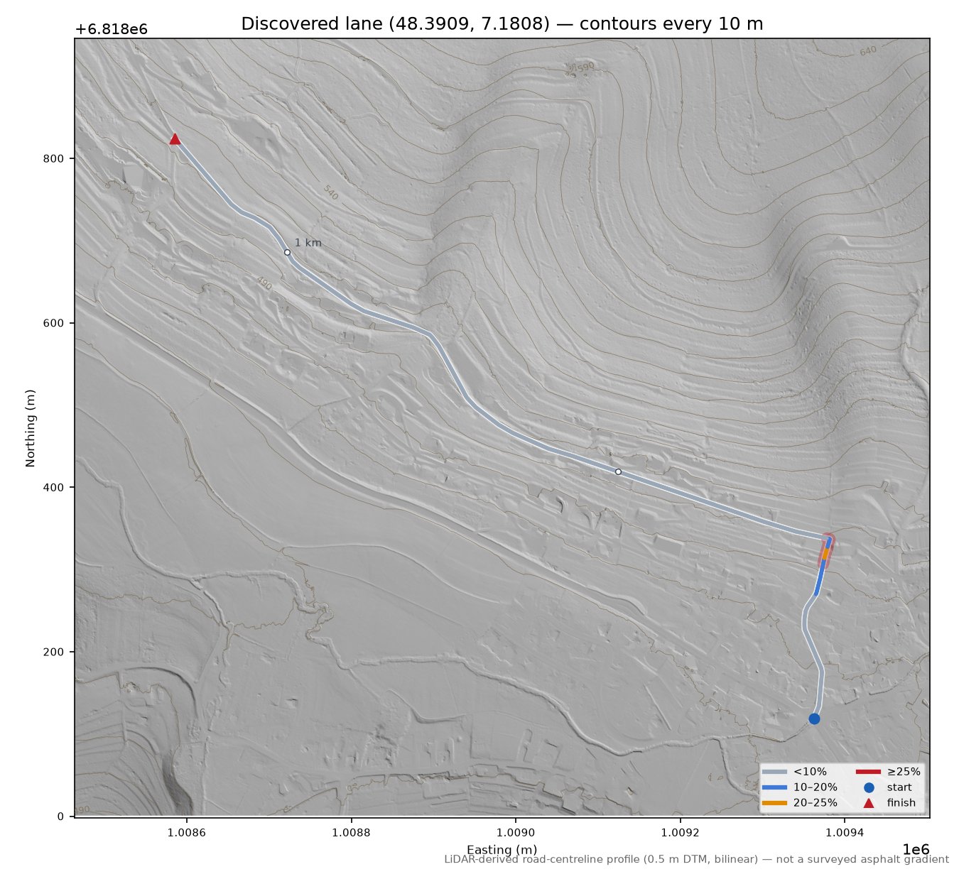 Discovered lane (48.3909, 7.1808) LiDAR hillshade map with contours