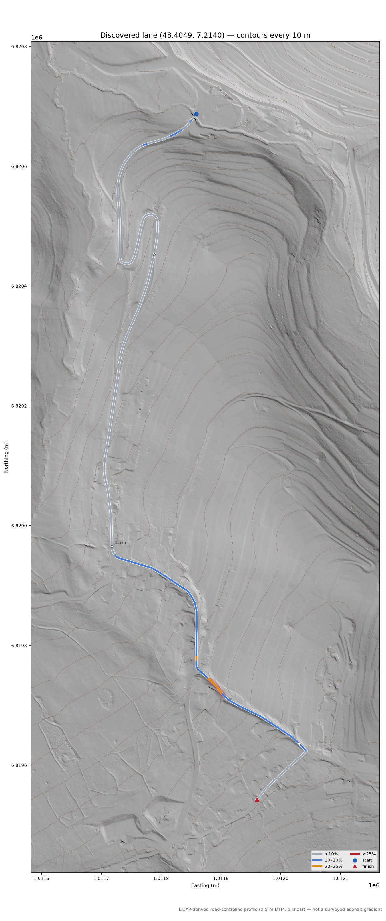 Discovered lane (48.4049, 7.2140) LiDAR hillshade map with contours
