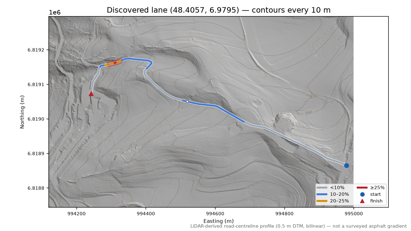 Discovered lane (48.4057, 6.9795) LiDAR hillshade map with contours