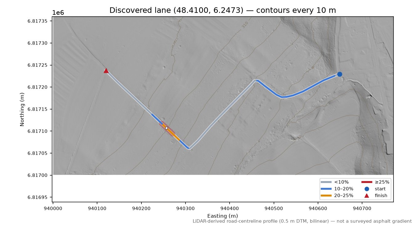 Discovered lane (48.4100, 6.2473) LiDAR hillshade map with contours