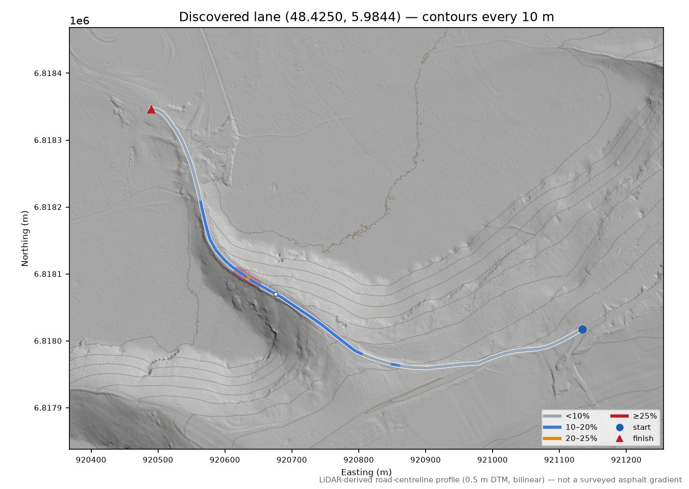 Discovered lane (48.4250, 5.9844) LiDAR hillshade map with contours