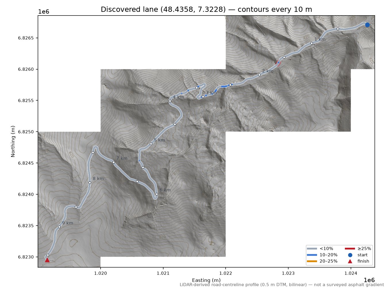 Discovered lane (48.4358, 7.3228) LiDAR hillshade map with contours