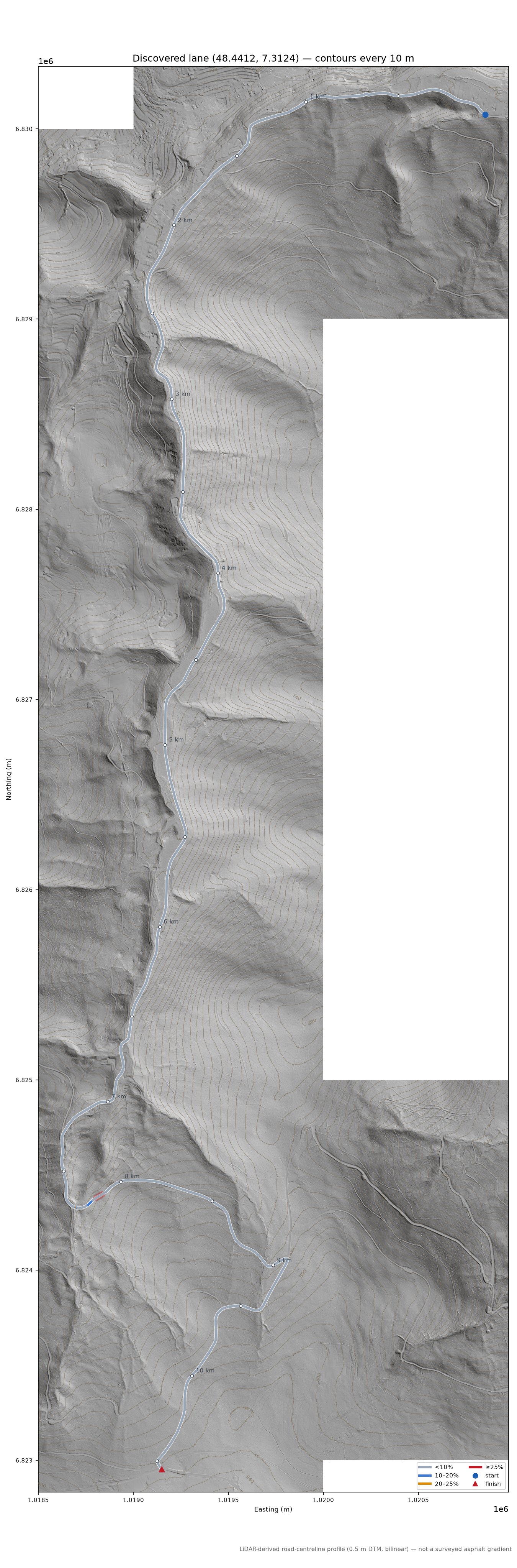 Discovered lane (48.4412, 7.3124) LiDAR hillshade map with contours