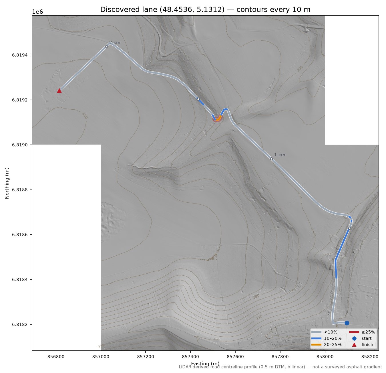 Discovered lane (48.4536, 5.1312) LiDAR hillshade map with contours