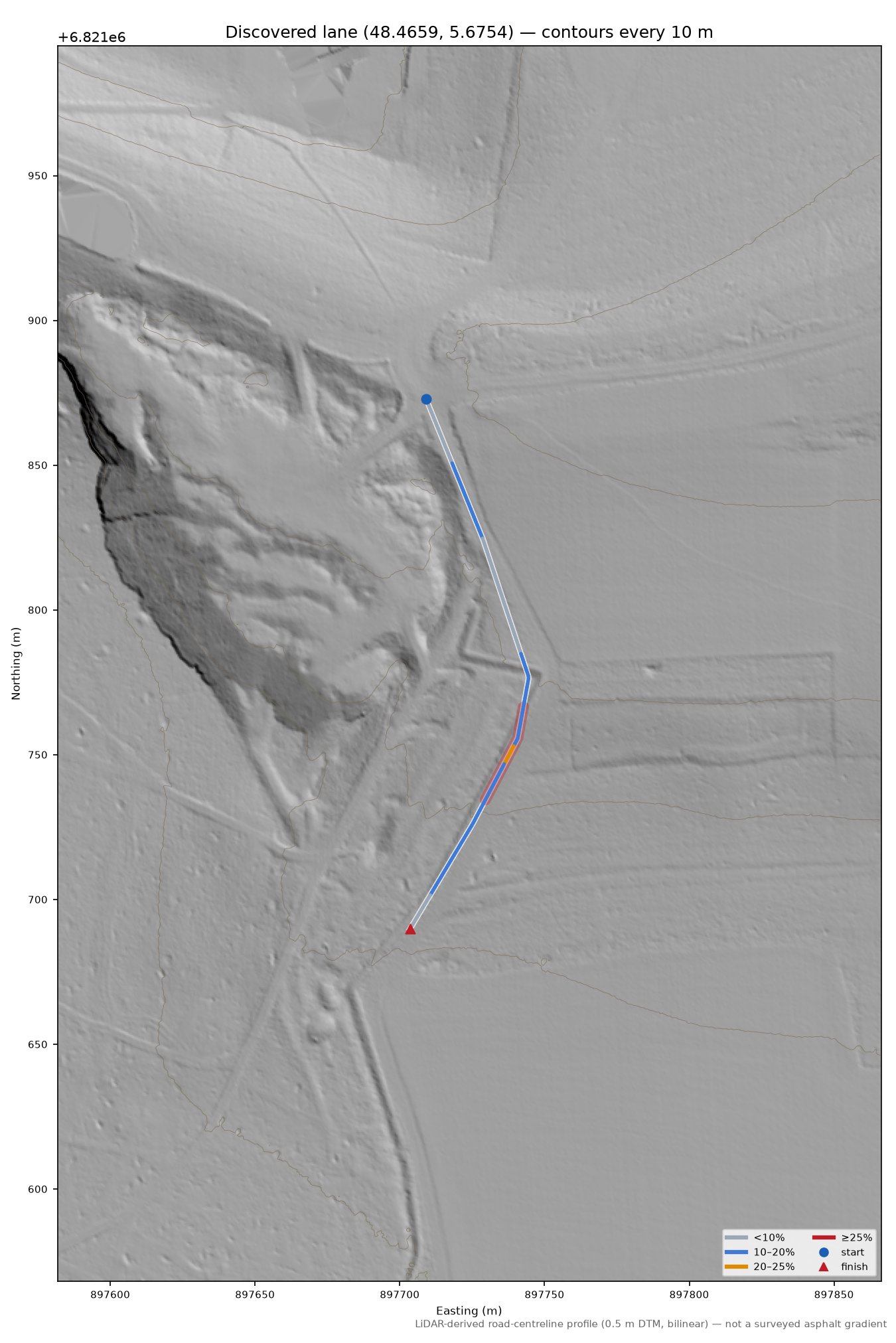 Discovered lane (48.4659, 5.6754) LiDAR hillshade map with contours