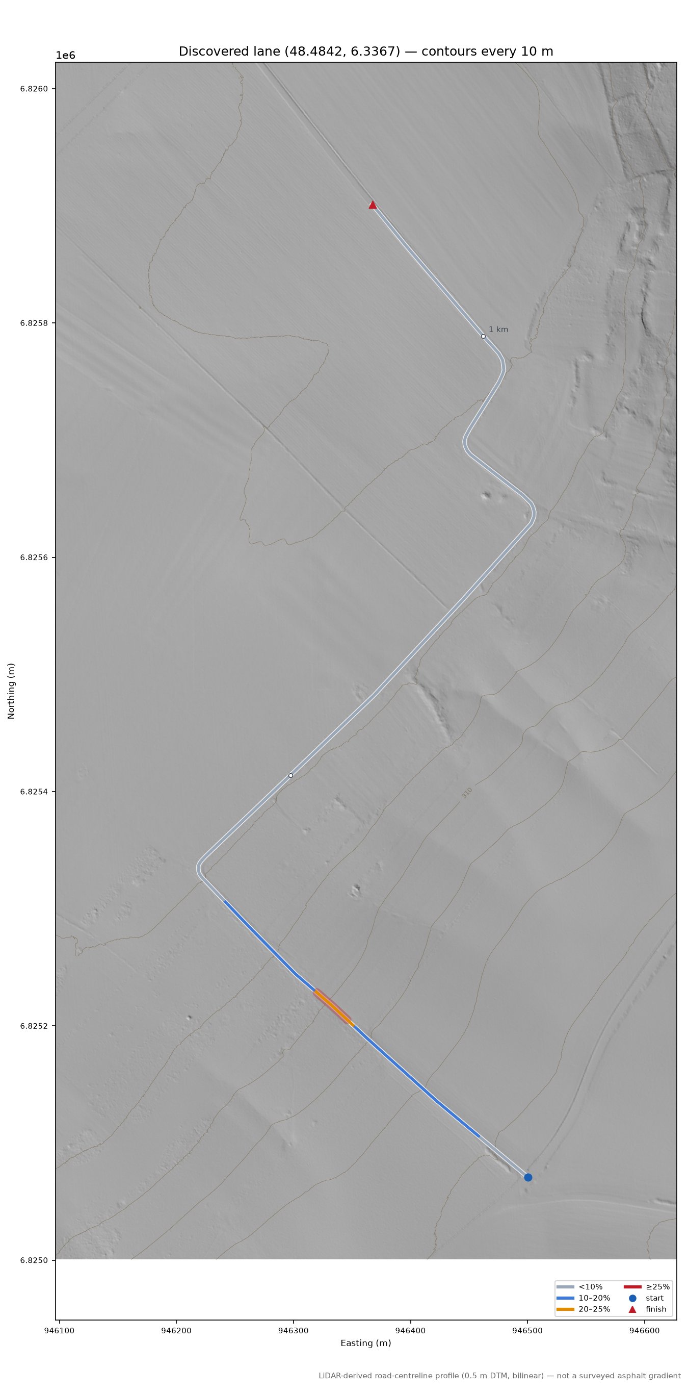 Discovered lane (48.4842, 6.3367) LiDAR hillshade map with contours