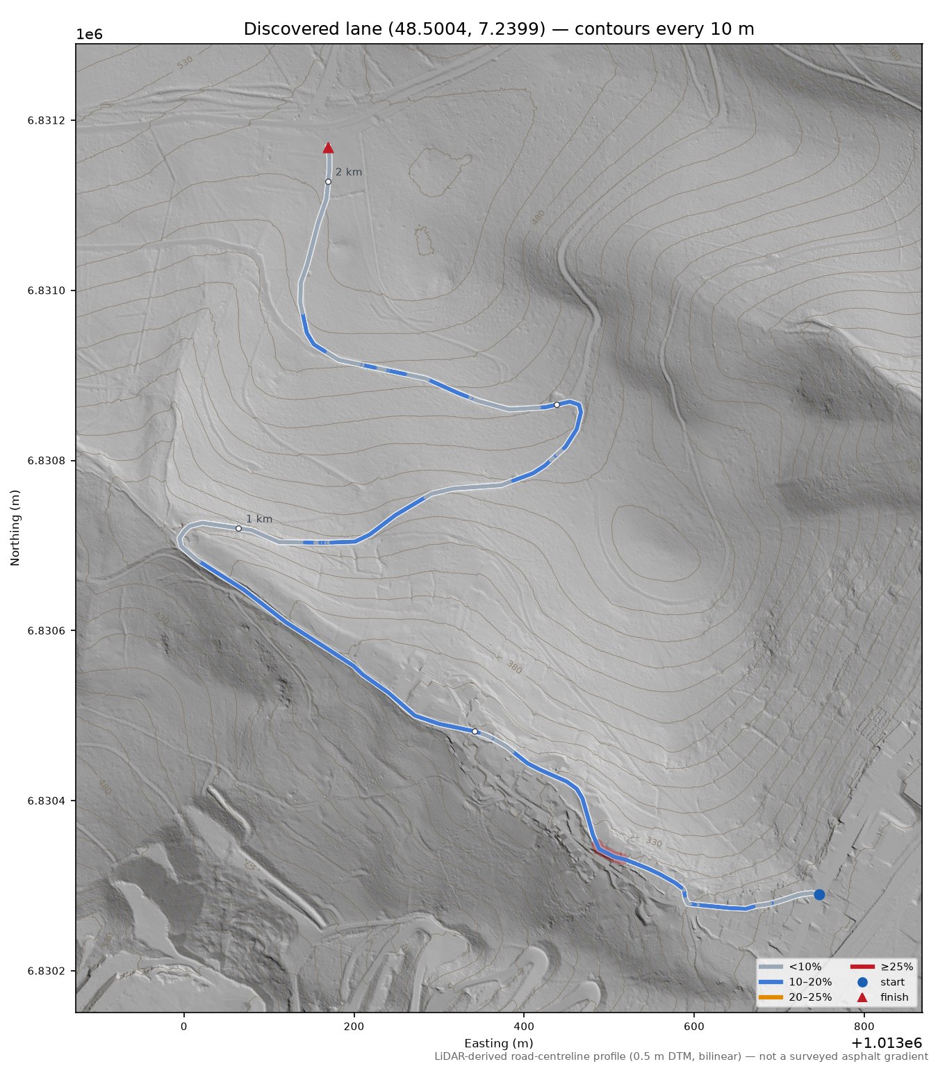 Discovered lane (48.5004, 7.2399) LiDAR hillshade map with contours