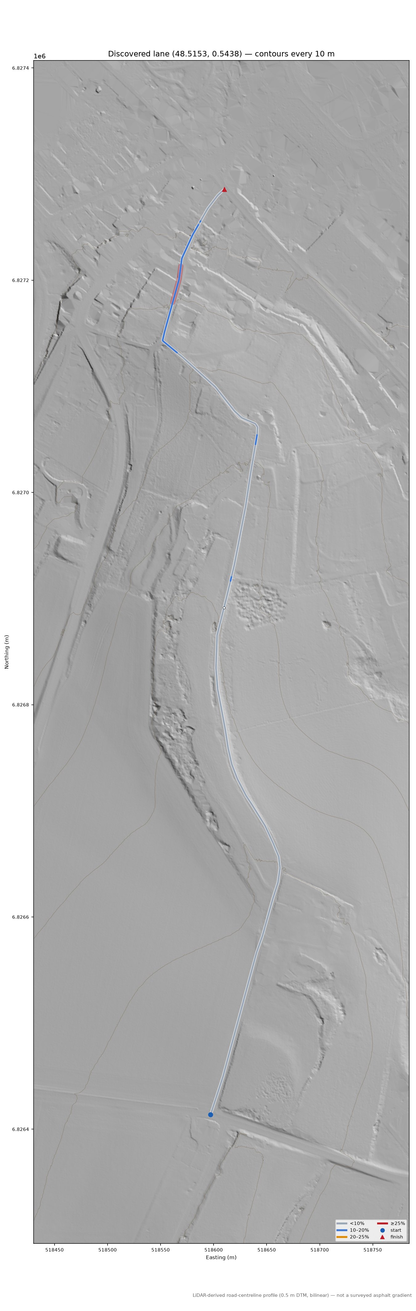 Discovered lane (48.5153, 0.5438) LiDAR hillshade map with contours