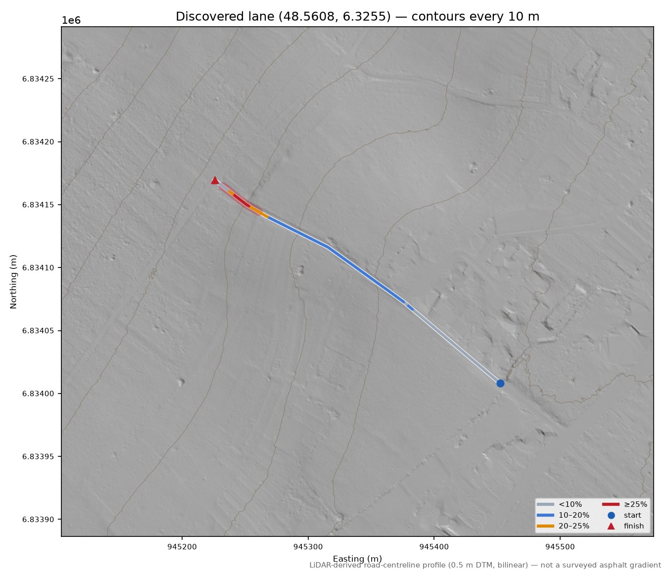 Discovered lane (48.5608, 6.3255) LiDAR hillshade map with contours