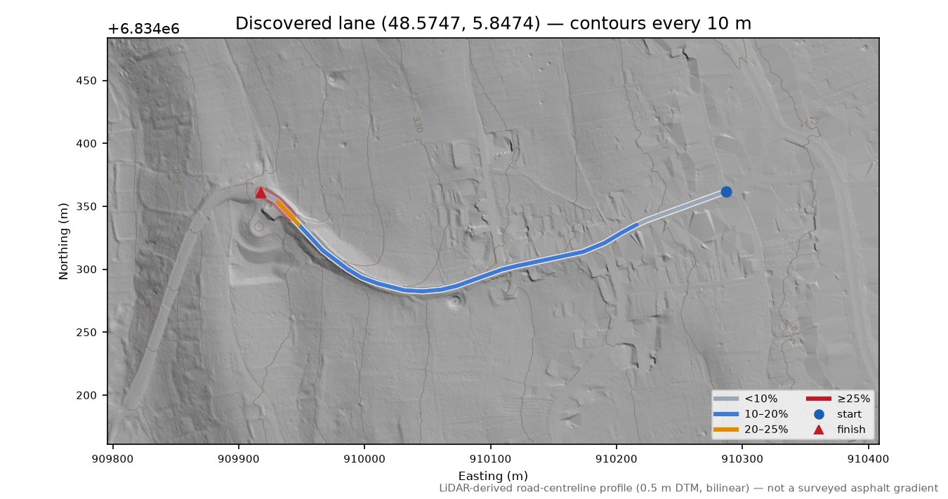 Discovered lane (48.5747, 5.8474) LiDAR hillshade map with contours