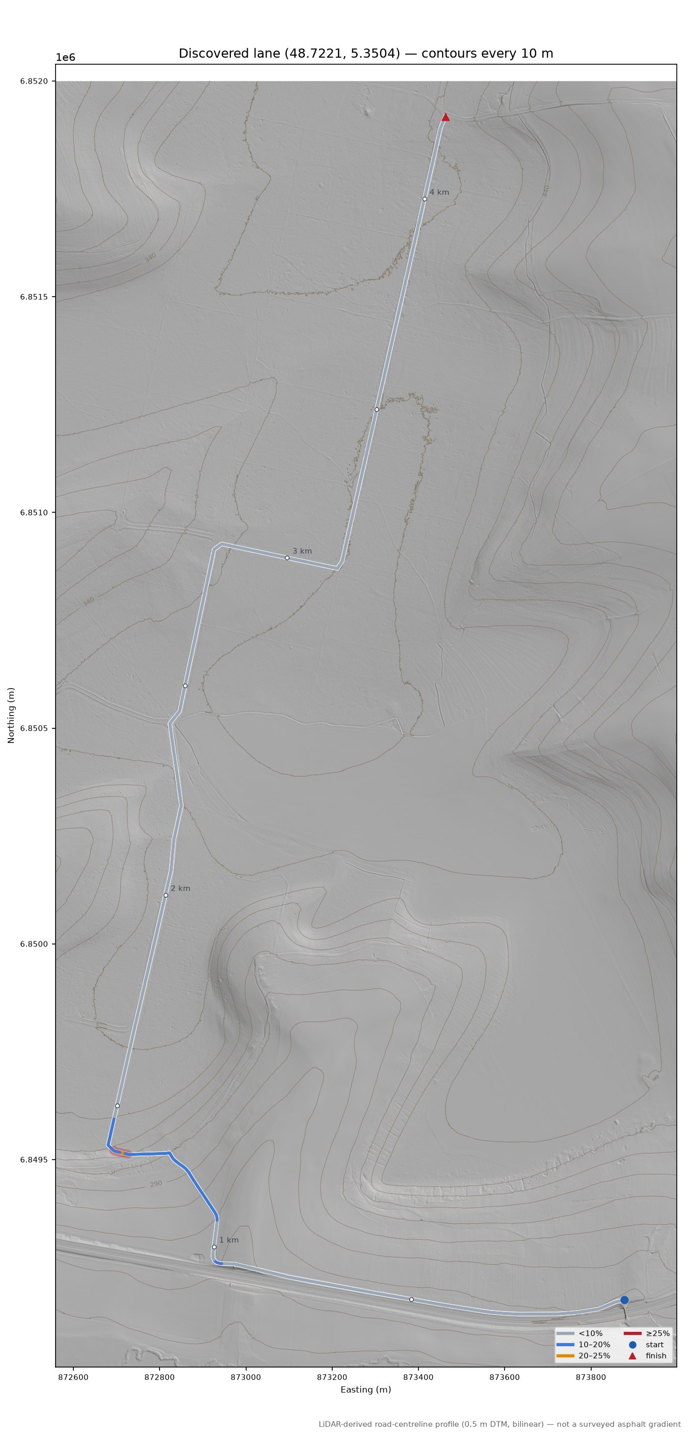 Discovered lane (48.7221, 5.3504) LiDAR hillshade map with contours