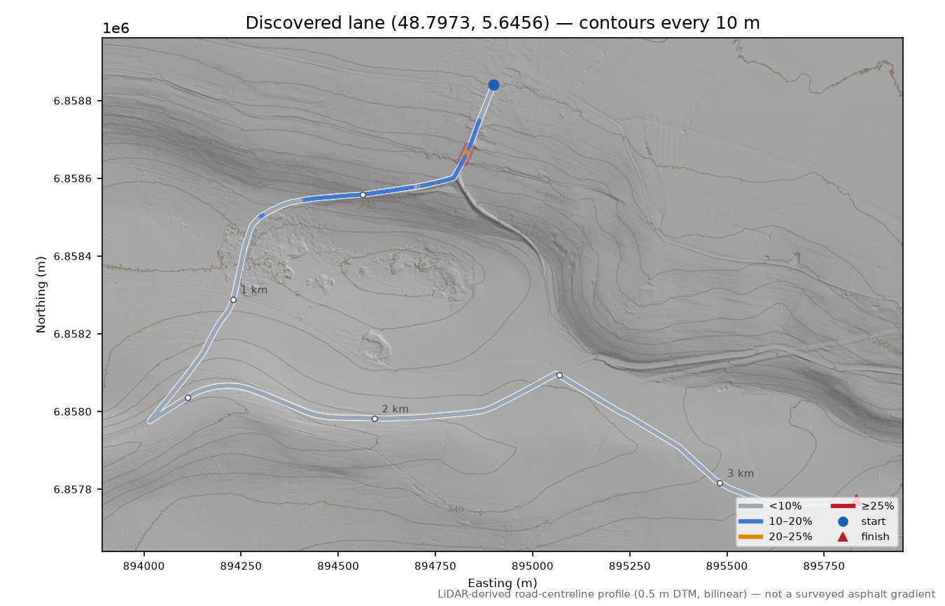 Discovered lane (48.7973, 5.6456) LiDAR hillshade map with contours