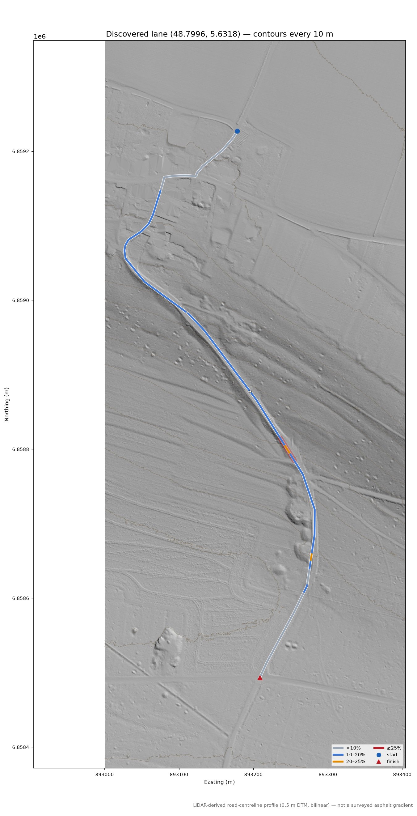 Discovered lane (48.7996, 5.6318) LiDAR hillshade map with contours
