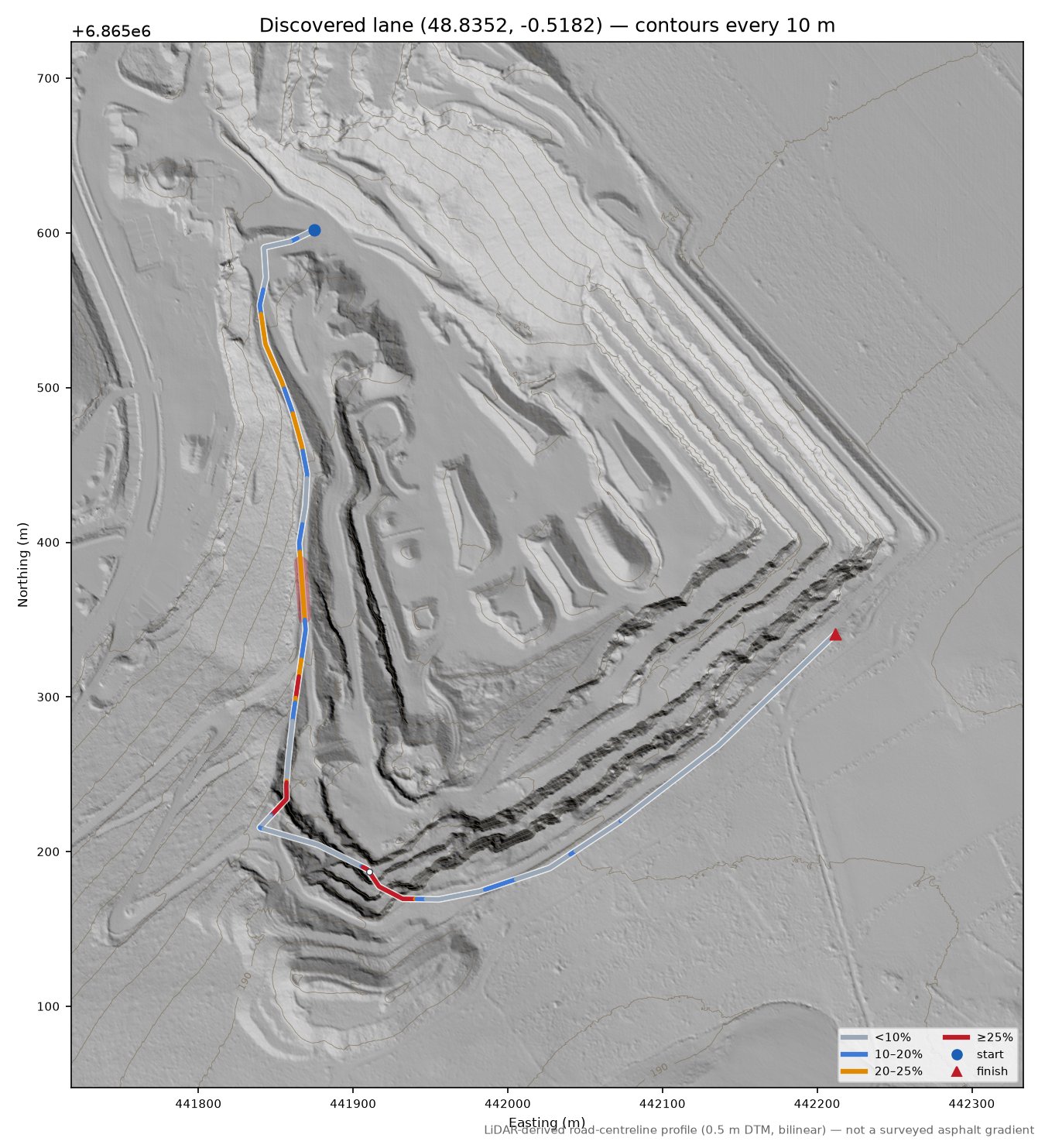 Discovered lane (48.8352, -0.5182) LiDAR hillshade map with contours