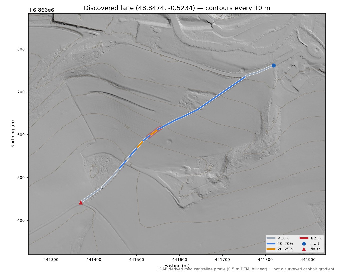 Discovered lane (48.8474, -0.5234) LiDAR hillshade map with contours