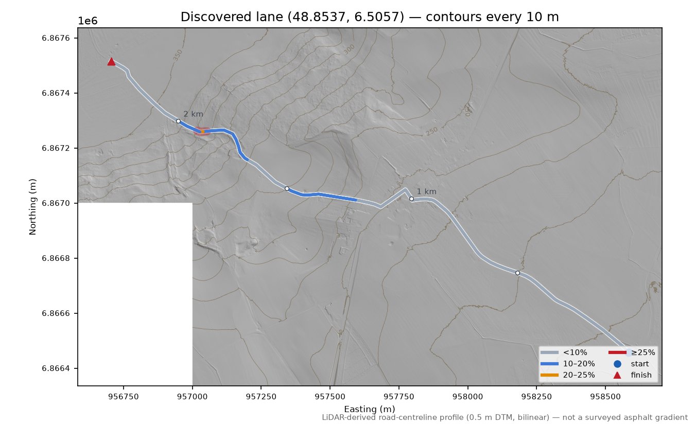 Discovered lane (48.8537, 6.5057) LiDAR hillshade map with contours