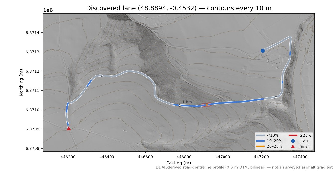Discovered lane (48.8894, -0.4532) LiDAR hillshade map with contours