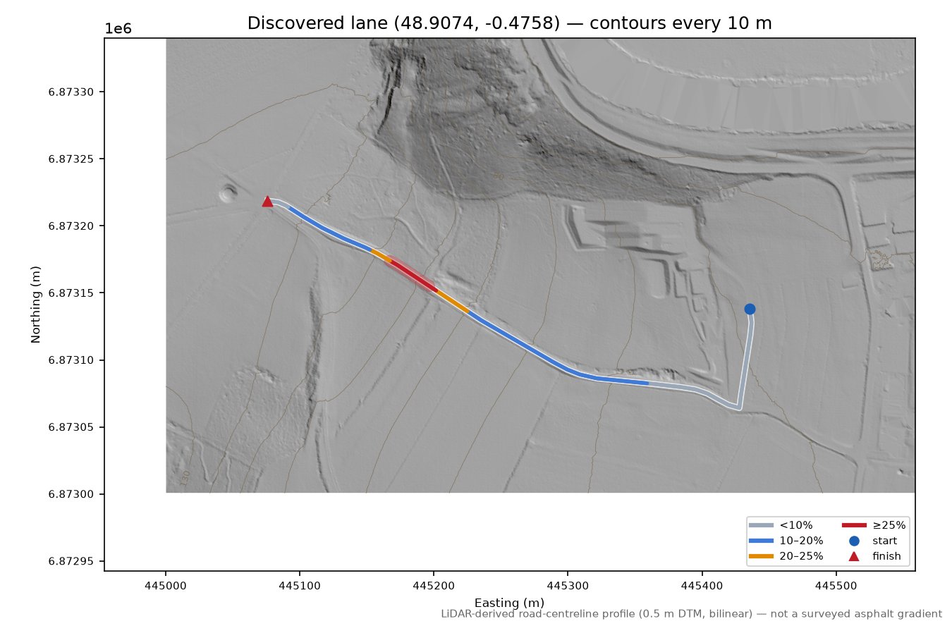 Discovered lane (48.9074, -0.4758) LiDAR hillshade map with contours