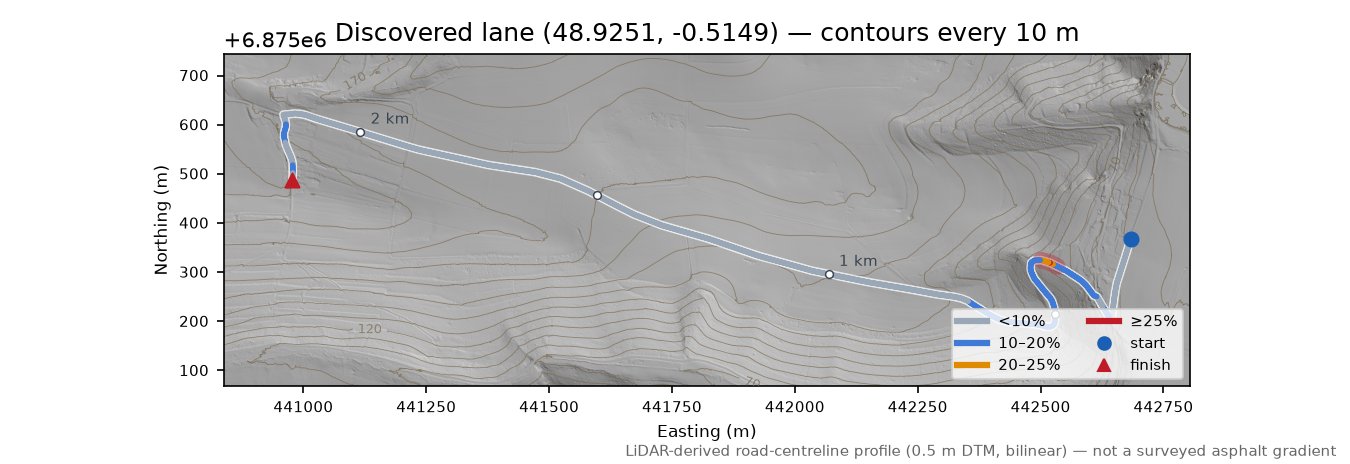 Discovered lane (48.9251, -0.5149) LiDAR hillshade map with contours