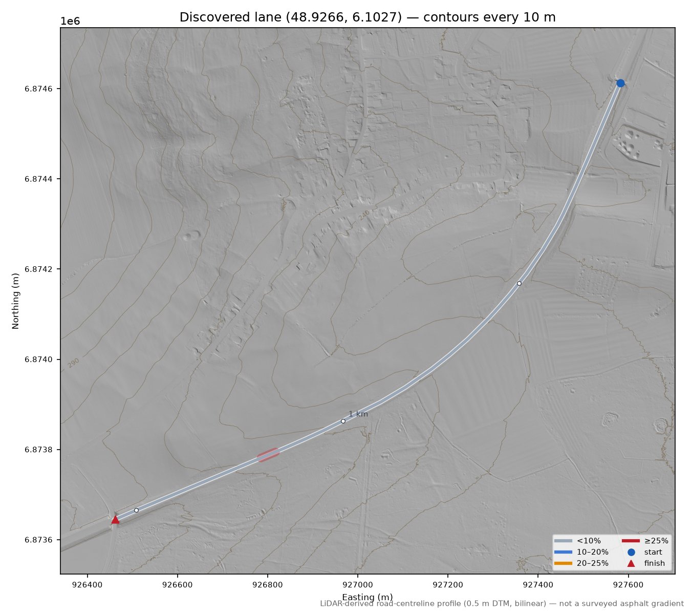 Discovered lane (48.9266, 6.1027) LiDAR hillshade map with contours