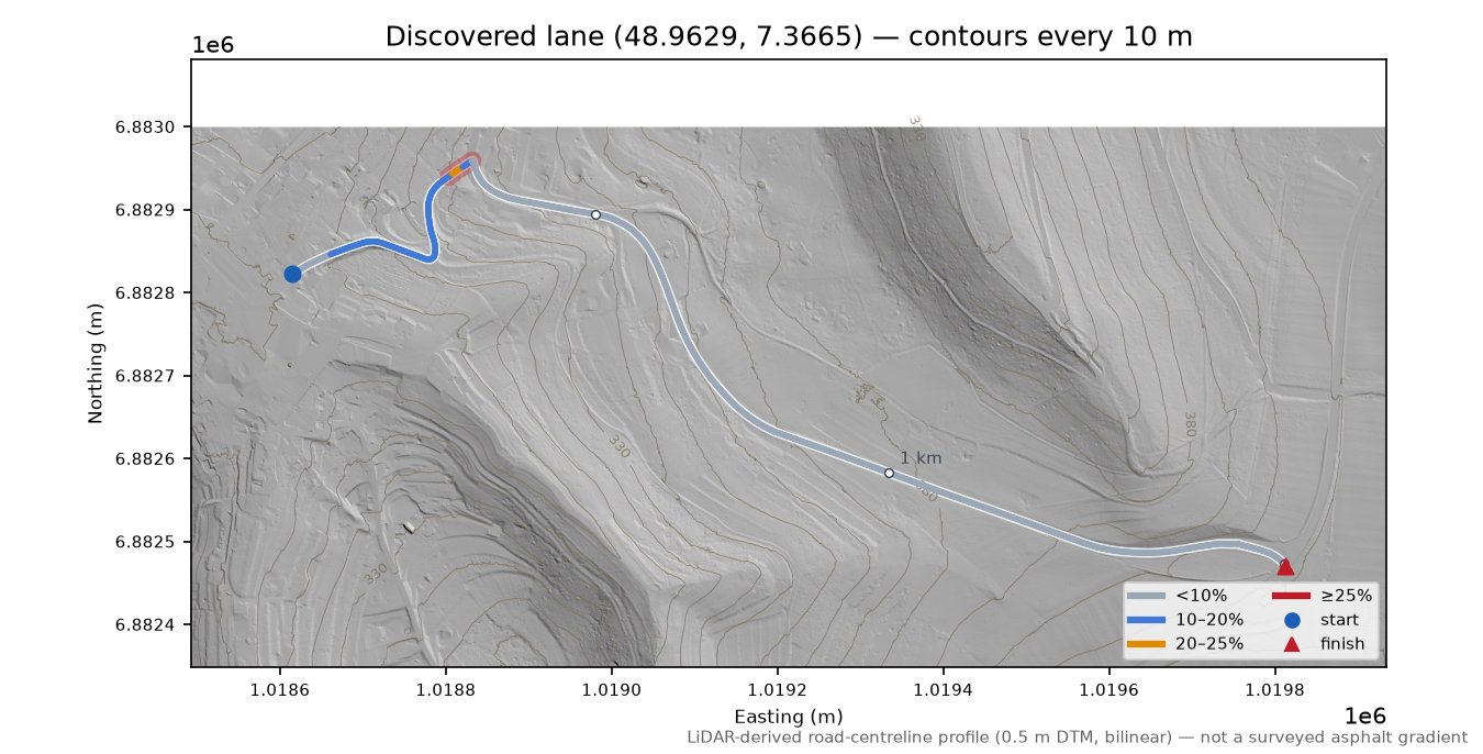 Discovered lane (48.9629, 7.3665) LiDAR hillshade map with contours