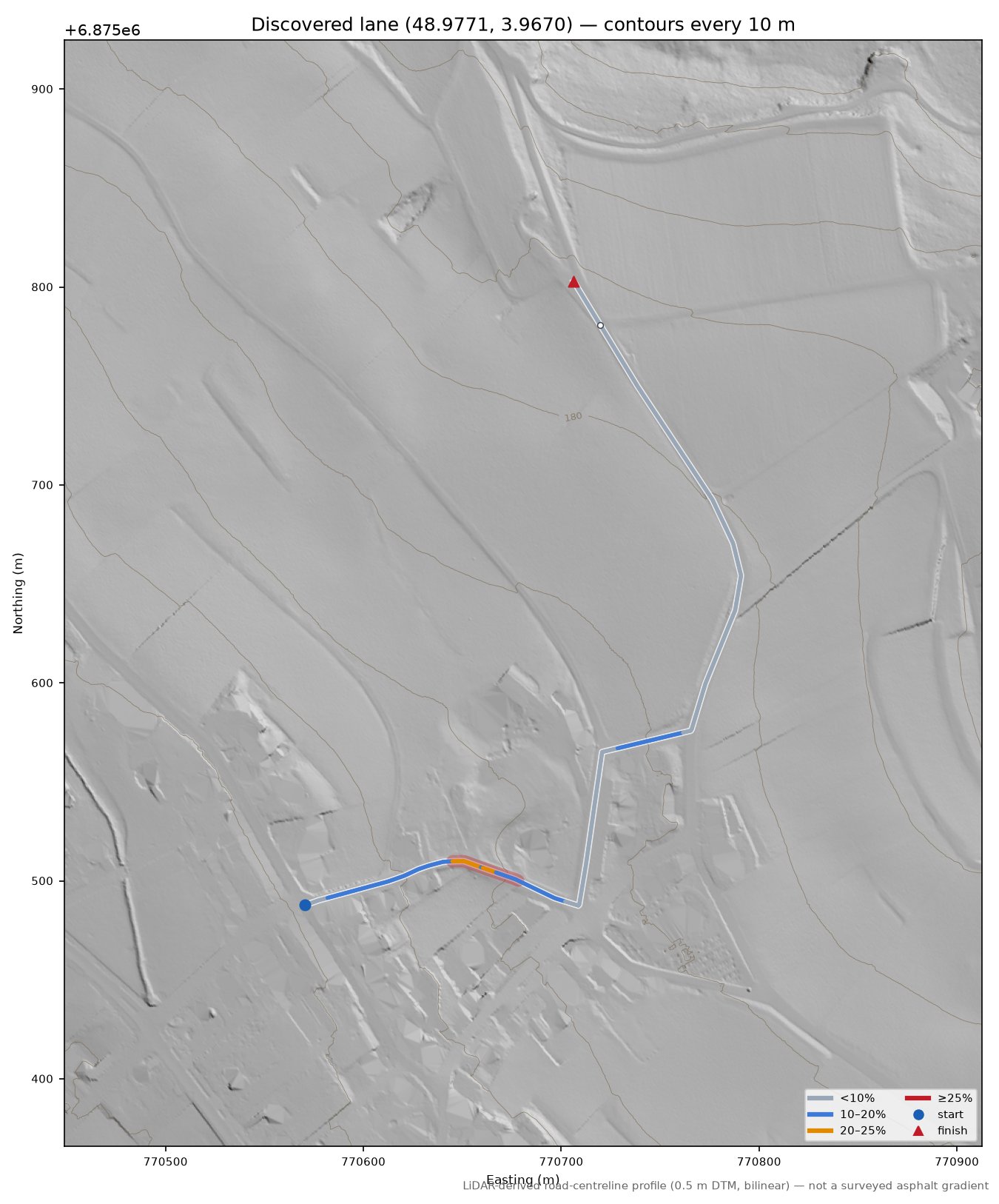 Discovered lane (48.9771, 3.9670) LiDAR hillshade map with contours