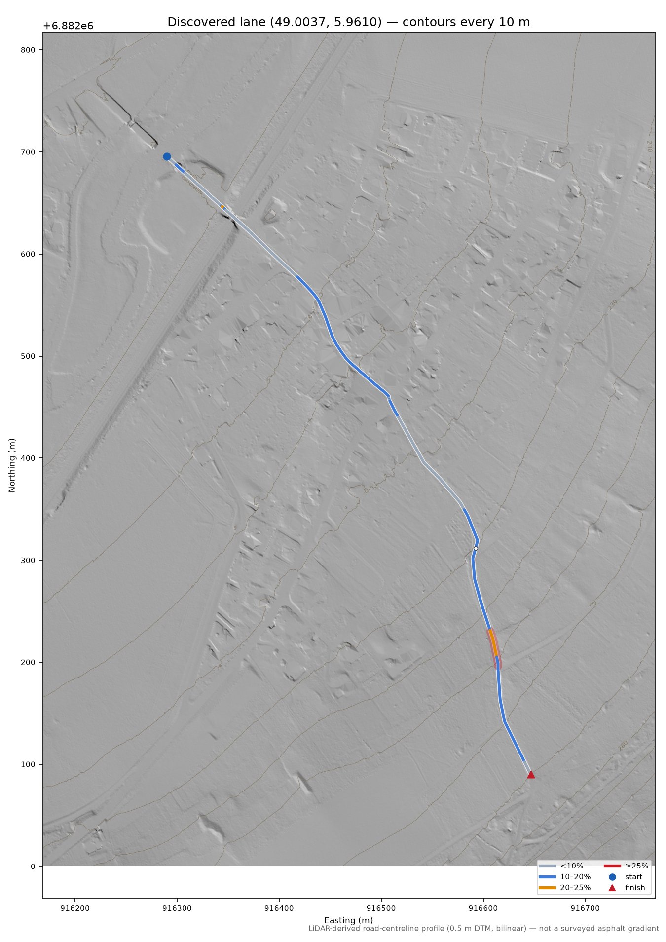 Discovered lane (49.0037, 5.9610) LiDAR hillshade map with contours