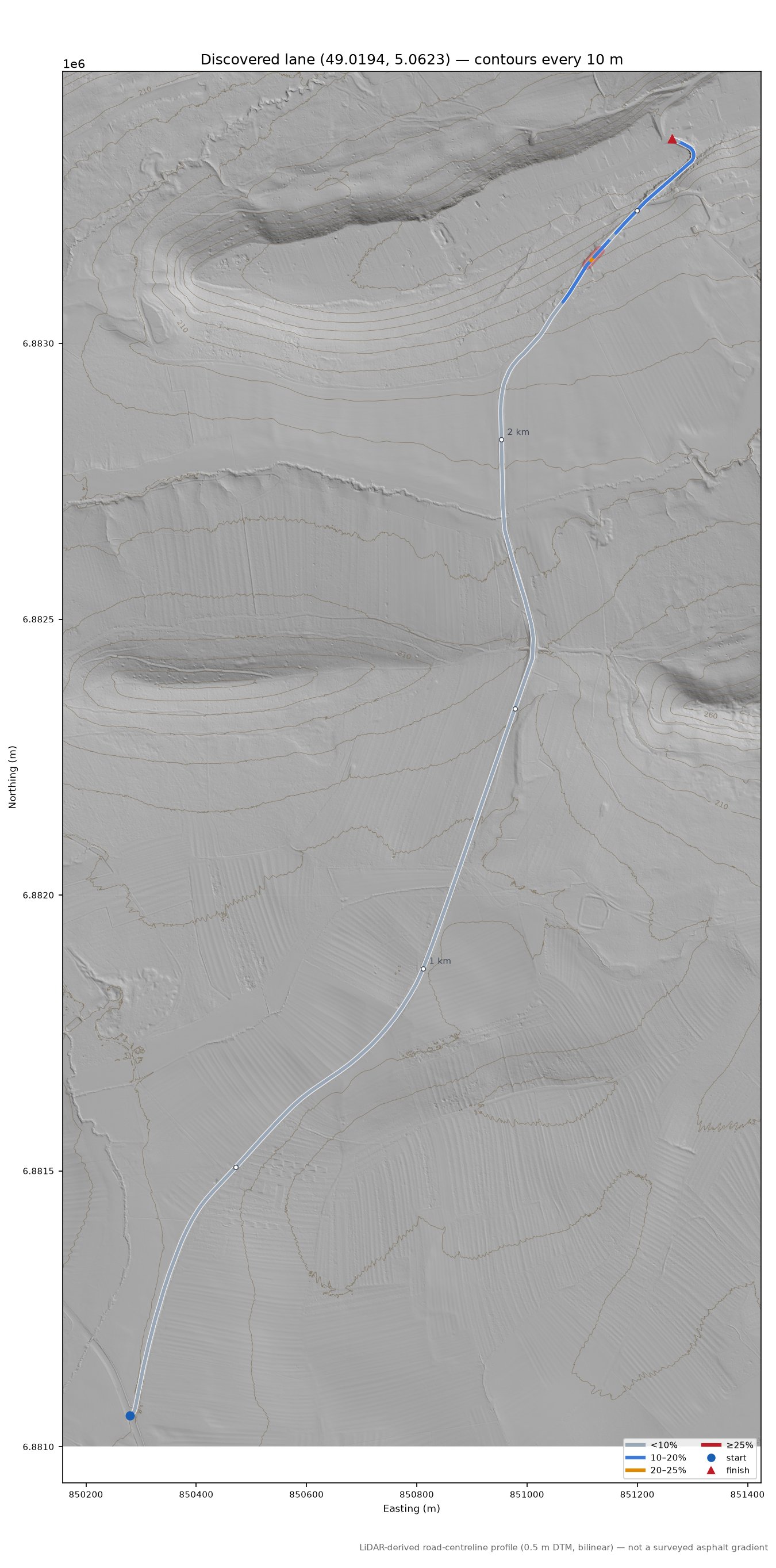 Discovered lane (49.0194, 5.0623) LiDAR hillshade map with contours